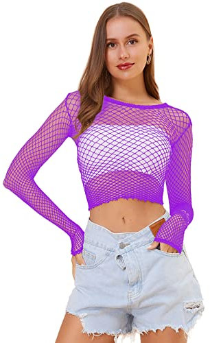 Lemon Girl Women Fishnet Long Sleeve Crop Top Lingerie Babydoll Chemise Mesh Tops US2-16