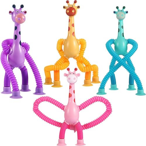 4 Stück Teleskop-Saugnapf-Giraffe-Spielzeug, Teleskop Giraffenspielzeug Mit Saugnapf Sensorisches Spielzeug Baby Lustiges Pädagogisches Stressabbau-Spielzeug für Kinder und Erwachsene