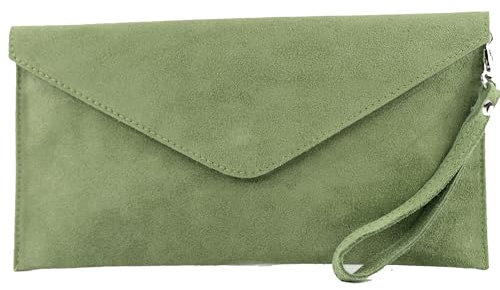 modamoda de T106 Damen Wildleder Rauleder Clutch Umhängetasche Abendtasche handmade in Italy, Farbe:Graugrün