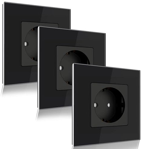 PULSAR Steckdose 1 Fach 3er Pack Wandsteckdose Schwarz Glas Einfach - Unterputzsteckdose 16A mit Glasrahmen Abdeckung und Kindersicherung - Einzelsteckdose Flach Steckdosen Set Komplett