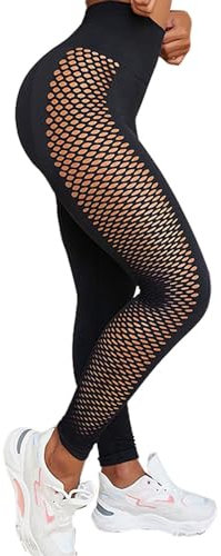 Klamotten - Leggings de yoga para mujer, de cintura alta, color liso, transpirables, atléticos, con patrón de rejilla, pantalones elegantes, tallas grandes, Negro , M