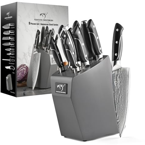 Set di Coltelli in Acciaio Damasco Con Ceppo di Legno Set di Coltelli Giapponesi in Acciaio Damasco VG10 - set di Coltelli da Cucina Coltello da Chef Professionale con Lame Affilate Grigio