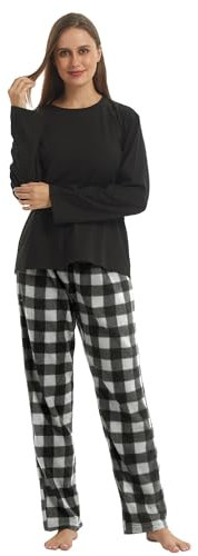 LNFINTDO Pigiama da donna in pile con top a maniche lunghe e pantaloni pigiama a quadri morbidi indumenti da notte per il tempo libero caldo set 2 pezzi, Nero+grigio, L