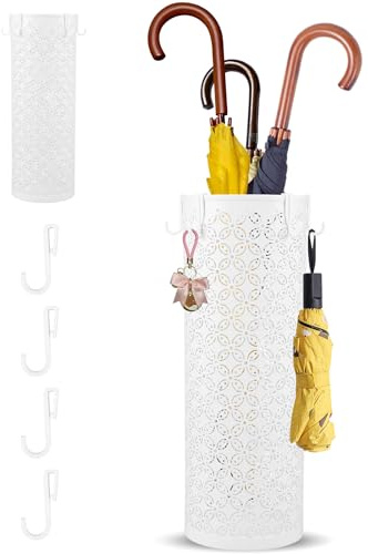 Portaombrelli in metallo, 15 x 15 x 42 cm, autoportante, decorativo, multiuso, per ingresso, casa, hotel, ufficio, portico (bianco e 4 ganci)