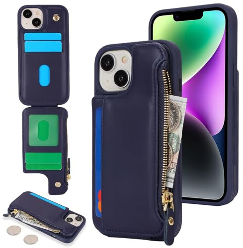 Cavor for iPhone 13 iPhone 14 Case with Card Holder,iPhone 14 Wallet Case for Women Men,Phone Case iPhone 13 Case with Wallet,Leather Magnetic Clasp Zipper Pocket Card Slots Cover-Blue
