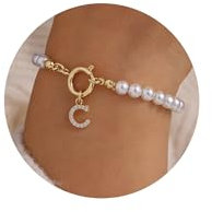 TINGN Perlen Armband Damen Gold - 18K Gefülltes Intialen Charm Armband Mädchen Personalisiert Armband mit Buchstaben C Perlen Armbänder | Perlenarmband Damen | Geschenke für Frauen Freundin Mädchen