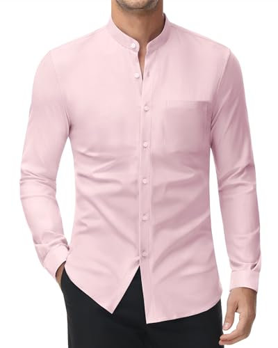 DEMEANOR Chemise stretch sans col pour homme - Manches longues - Coupe ajustée - Infroissable - Col montant, Rose, M