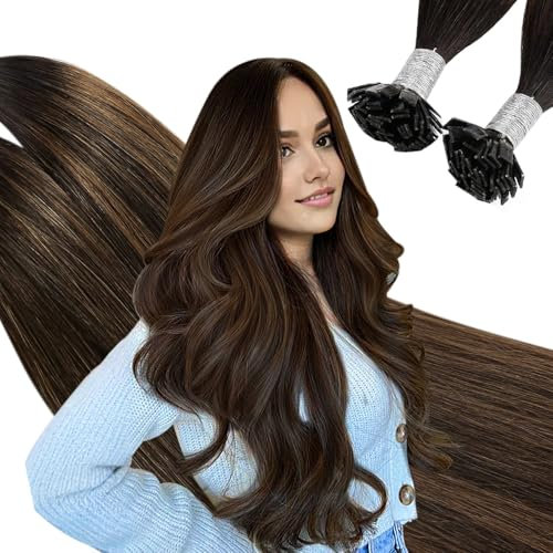 Ugeat Bonding Extensions Echthaar 55cm Balayage Braun Glänzend Flat Tip Echthaar Extensions Bondings Ombre Dunkelbraun Keratin Haarverlängerung für Datum 50s 50g #2/6/2