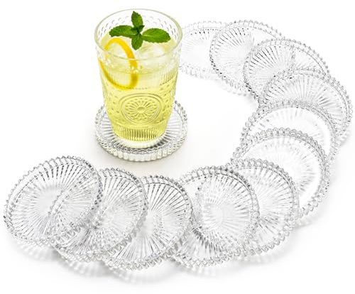 Elsjoy 12 Pack 4 Inch Modern Clear Coaster Set, Round Pillar Candle Holder Plates, Clear Crystal Glass Coaster for Drinks, Bar, Dining Table