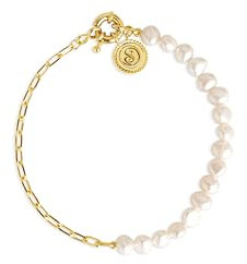 SINGULARU - Pulsera Chic Pearl. Acero con Acabado en Baño Oro de 18Ktcon Perlas Cultivas de Agua Dulce. Joyas para Mujer