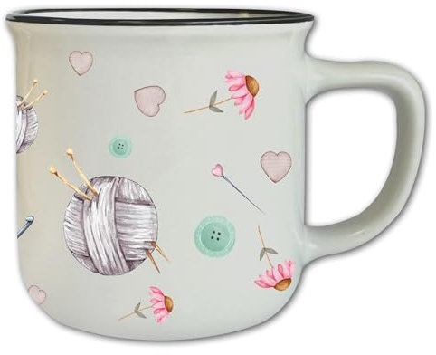 Vintage Tasse mit Wollmotiven T104 Motivtasse Geschenk Wolle Stricken Häkeln Retro Keramik 330 ml