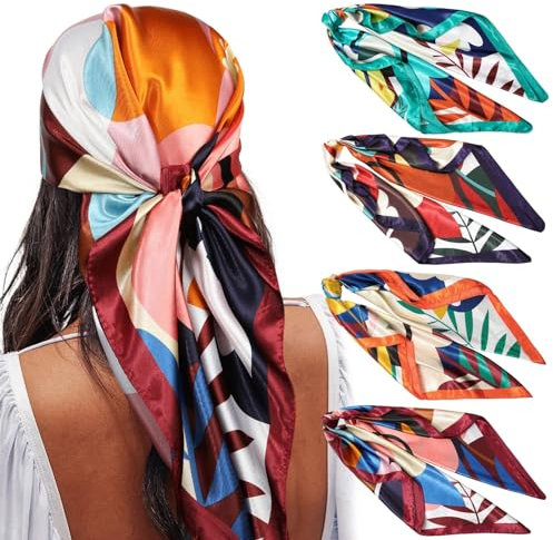 WELROG 90x90cm Große quadratische Fleckschals für Damen 4 PCs Frauen Seidig wie Kopftuch Bandanas Haarschal Halstuc Schlafringe
