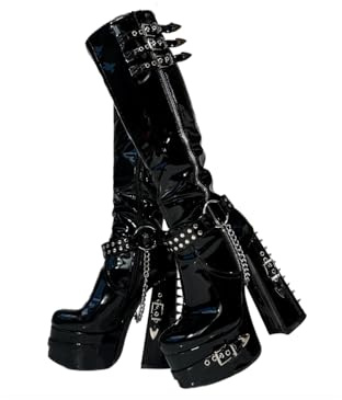 Frankie Hsu Goth Sexy Chunky Plateau-Stiefel, kniehohe Absätze, schwarze Lack-Silberkette, Nieten, Ringschnalle, Gothic, Punk, Y2K, Hot Girl, große Größe, breite Wadenschuhe für Damen und Herren,