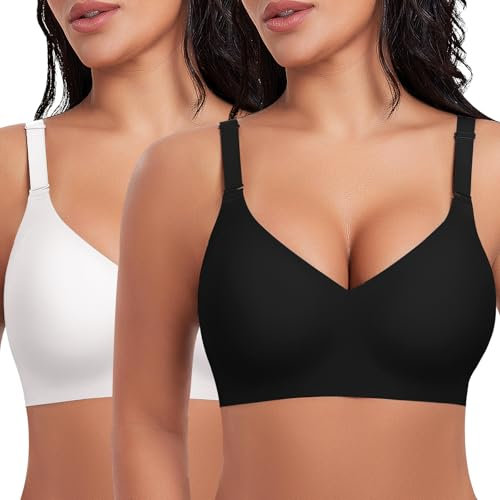 Ganado Damen BH Ohne Bügel Nahtloser BH Tiefem V-Ausschnitt Bralette Push Up BHS Soft Bequem BHS Bügellos Bustier (Schwarz+Weiß, XL)