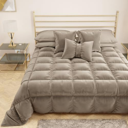 PETTI Artigiani Italiani - Wintersteppdecke für Bett 180/200-260 x 270 cm aus Samt, Doppelseitige Hypoallergene Tagesdecke 350 g/m², Warme Bettdecke, Schlammbraun, Made in Italy