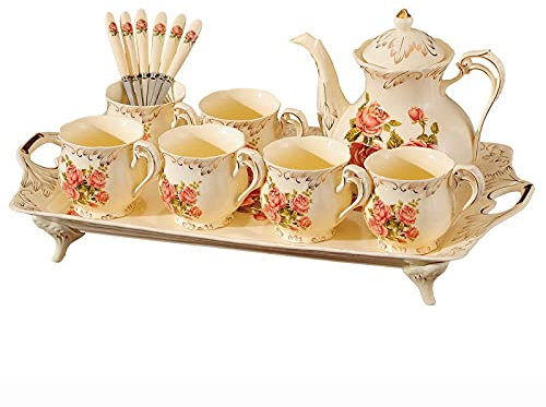 Servizio da tè in porcellana bianca britannica in ceramica per adulti, 1 teiera, set di 6 tazze da caffè e cucchiai con vassoio