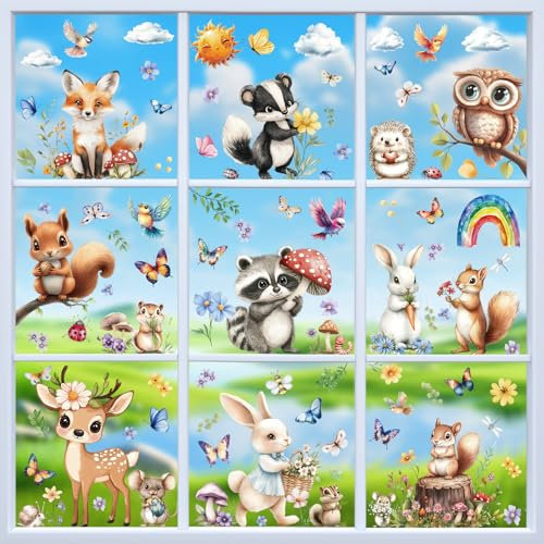 KIKISML Fensterbilder Frühling Deko, Fensteraufkleber Frühling Sommer Selbstklebend mit Tier, Fensterdeko Frühling Wiederverwendbare, 9 Blatt Fenstersticker für Kinderzimmer Schlafzimmer