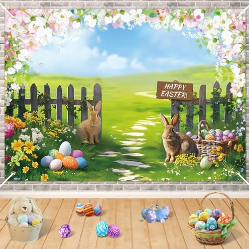Spring Easter Photography Backdrop, 7x5ft Happy Easter Bunny Egg Garden Photoshoot Background Green Grass Pink Floral Fence Nature Flower Backdrops Photo Banner Hello Spring Backdrop for Photography
