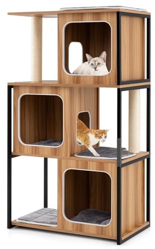 COSTWAY Modern Cat Tree, 133cm Multi-level Cats Climbing Tower with Scratching Posts, Condos, Removable Cushions, Wooden Kitty Activity Furniture