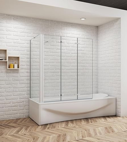 Aica Sanitär Badewannenaufsatz Eck Duschwand Badewanne 3-tlg.Faltwand mit Seitewand 6mm Nano Glas,H140cm,130x80cm,Mattgrau Rahmens,Klarglas