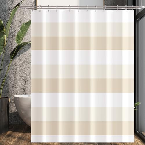 Duschvorhang mit Metall Duschvorhangringe 180x200 cm Schiene Beige, Beschwerter Saum Antischimmel Textil, Wasserabweisend, Waschbar Polyester Badevorhänge Set mit Ösen für Badezimmer, Badewanne