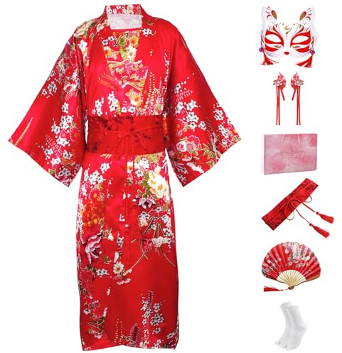 CRFASIBE Kimono Japonais Filles, Déguisement Ensemble, Taille 130/140/150cm | Kimono Enfants, 7 à 13 Ans, Ensemble Yukata avec Masque et Accessoires, Coffret Cadeau, ideal pour Carnaval, Cosplay, Fêtes