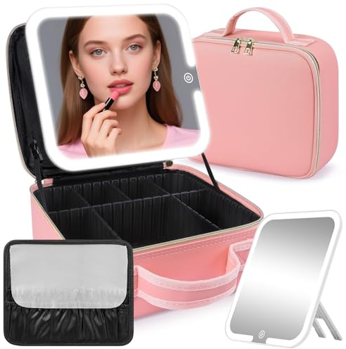 Makeup Bag with Mirror and Light, Travel Makeup Train Case with LED Lighted Removable Mirror, Portable Cosmetic Organizer Make up Bag with 3 Colors Dimming Light, Adjustable Dividers & Brush Board