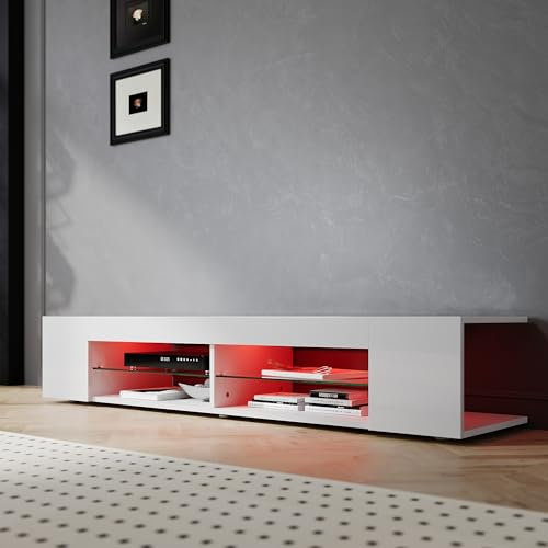 SIRHONA Meuble TV Blanc, Meuble Tele avec LED, Éclairage LED RGB avec Couleur réglable, avec Étagères Ouvertes en Verre, 160x39x30cm, Convient pour Salon ou Chambre
