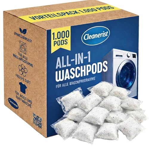 Cleanerist | All-in-1 Waschmittel Pods Caps – 1.000 Universal-Tabs (20kg) Pulver gefüllt, schnell löslich, für Weiß- Bunt- Kochwäsche – Frischer Duft – Made in Germany