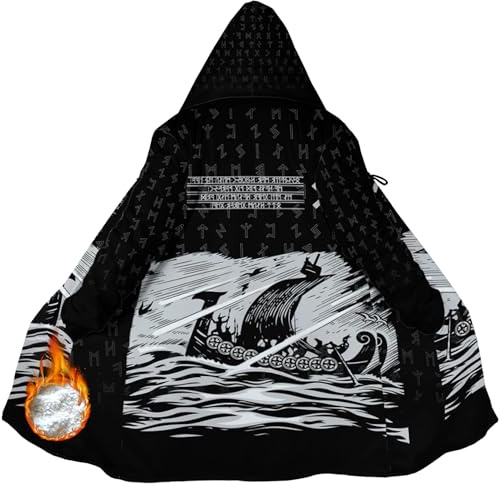 EZJCZLA Wikinger Mantel der Weisheit, Vegvisir Kompass und Aegishjalmur Schutzsymbol mit Odins Valknut Runen, Gefütterter Parka aus Weichem Faux Cashmere, Nordisches Schicksalsgeschenk