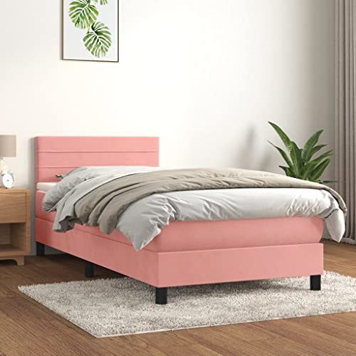 GeenYuu Boxspringbett mit Matratze, Rosa Samt, 100x200 cm, Höhenverstellbares Kopfteil, Taschenfederkernmatratze, Weicher Stoff, Schlafzimmer Möbel, Komfort