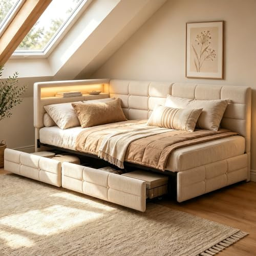 Julyue Polsterbett 90x200, Schlafsofa mit 2 Schubladen & LED, Jugendzimmer | L-förmige Ecklösung, links/rechts montierbar, mit USB-A/USB-C und Lattenrost – ideal für kleine Räume und Gästezimmer