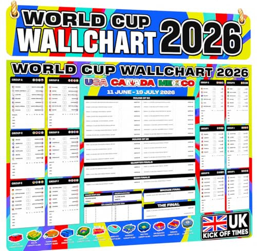 Tableau Coupe du Monde 2026 - Affiche du tournoi de football de taille A1 avec les rencontres, les horaires de début des matchs au Royaume-Uni, les chaînes TV, les stades et le programme des matchs