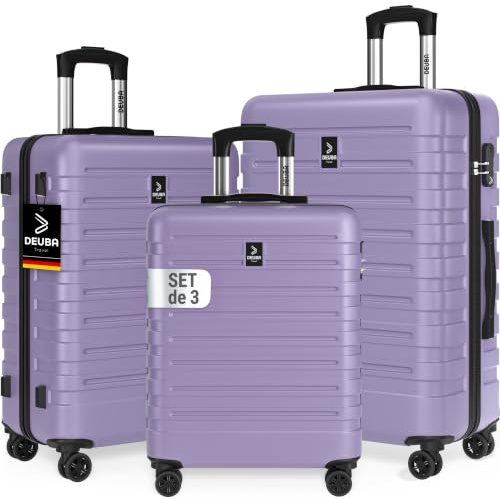DEUBA TRAVEL Koffer Set 3tlg Hartschalenkoffer Pastell Lila | Sicherer Stauraum, Kreuzgurt, PVC Fach, Reisekoffer M, L, XL, Trolley, Suitcase, 360° Rollen, Handgepäck 55x40x20
