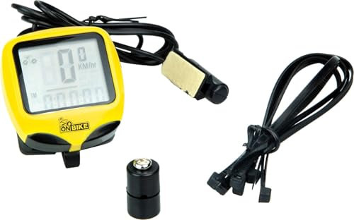 On Bike Fahrradcomputer mit 14 Funktionen, komplett mit Kabel, wasserdicht, praktisch zu bedienen und mitzunehmen, 5 x 5 x 1,5 cm, Batterien im Lieferumfang enthalten