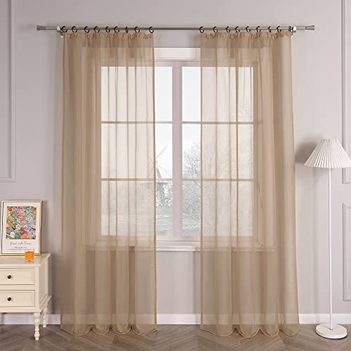HongYa 1er-Pack Uni Gardine Transparenter Voile Schal Vorhang mit Kräuselband H/B 225/145 cm Hellbraun
