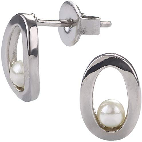 EYS JEWELRY Damen-Ohrstecker oval Edelstahl silber Glas-Perle weiß 11 x 8 mm Damen-Ohrringe im Schmuck Etui