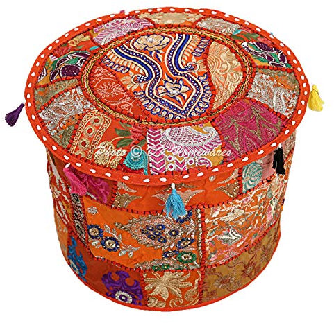 DK Homewares Indischer runder Puffüberzug Orange Patchwork Bestickte Baumwolle Möbel Hocker Puff Dekorative Osmanische Fußstütze Sitzmöbel | (16x16x13 Zoll / 40 cm) NUR ABDECKEN