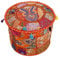 DK Homewares Indischer runder Puffüberzug Orange Patchwork Bestickte Baumwolle Möbel Hocker Puff Dekorative Osmanische Fußstütze Sitzmöbel | (16x16x13 Zoll / 40 cm) NUR ABDECKEN