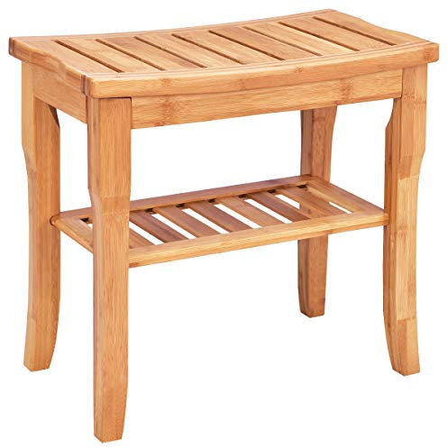 COSTWAY Siège de Douche en Bambou avec Etagère de Rangement, Antidérapant, Capacité de Charge Max. 85KG 47,5 x 26 x 44,5 cm