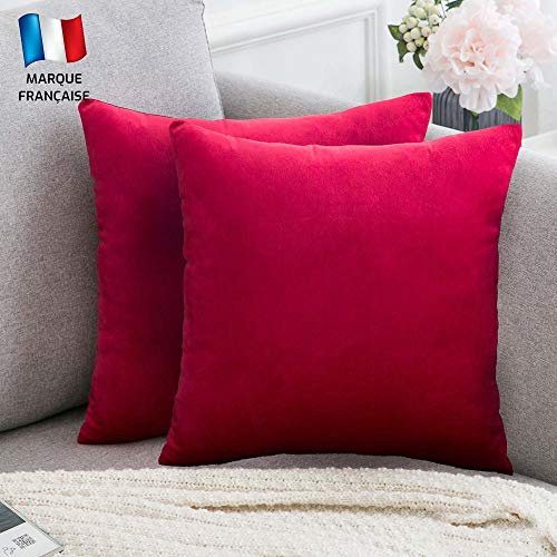 Douceur De Plumes Juego de 2 Fundas de cojín Rojo Frambuesa 40x40 Terciopelo Decorativo Liso, Suave y Moderna Funda de Almohada Cuadrada, decoración escandinava Sala, sofá (2 Rojo Frambuesa)