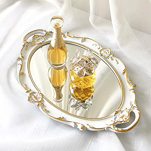Yamfurga - Bandeja decorativa de polirresina con espejo, estilo francés, organizador de maquillaje, organizador de joyas, bandeja para servir, 24 x 36 cm, color blanco dorado