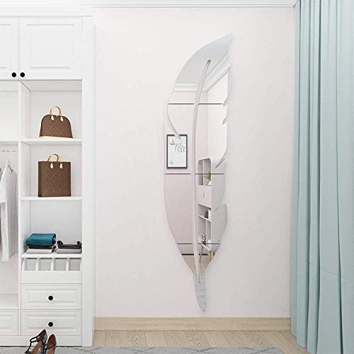 SITAKE 3D Acrylic Mirror Wall Decor Stickers, 30 * 125cm Feather Shaped Set DIY Self-Adhesive Wall Art Decals, Home Decorations for Living Room, Bedroom, Bathroom, Farmhouse (Silver Feather)