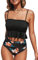 CUPSHE Damen Bikini Set Bandeau Gesmokte Bademode Rüschen Blumenmuster High Waist Zweiteiliger Badeanzug Schwarz S