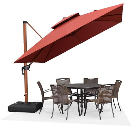 PURPLE LEAF Alu Sonnenschirm Groß Ampelschirm 330 x 330 cm Holzoptik Doppeldach Gartenschirm mit Kurbel 360°Drehbar XXL, Sonnenschutz UV50+, Bordeaux