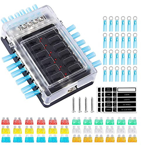 DOCAS 12 Voies Boîte à Fusibles,Porte Fusible avec Bus Négatif, Blocs Fusible Lame avec 36 Fusibles 12 Voyants LED Couvercle de Protection pour voiture bus bateau suv