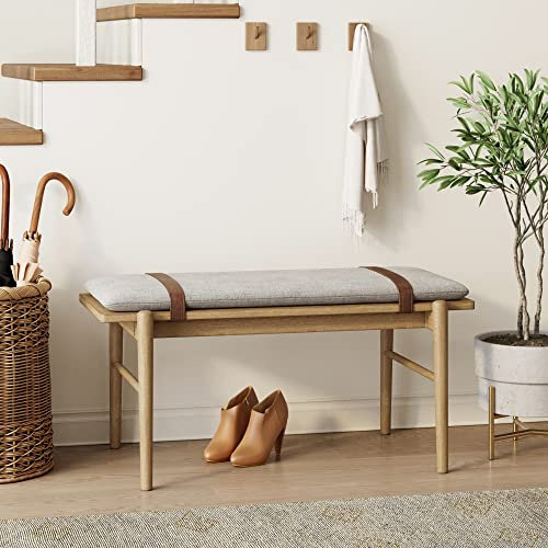 Nathan James Gugan Mid-Century Wooden Bench Seat, End of Bed Bench with Removable Fabric Cushion for Indoor Dining Room, Bedroom and Entryway, Light Brown/Ivory