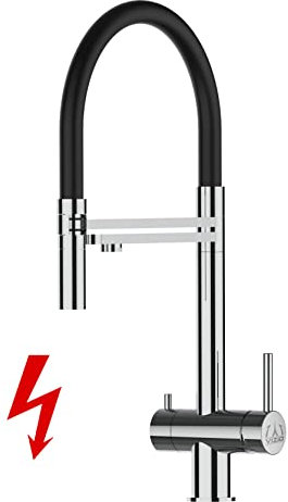 Niederdruck 3 Wege Wasserhahn Edelstahl MASSIV Küchenarmatur Spültischmischer Reinstarmatur VZFX, Edelstahl Hochglanz, mit 360° schwenkbarem Schwarz Auslauf, abnehmbare 2 strahl Handbrause
