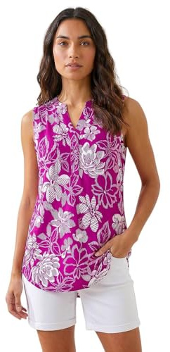 Roman Originals Sleeveless Shirt for Women UK Ladies Vest Tank Top Summer Smart Blouse Stretchy Jersey T-Shirt Casual Spring Holiday Party Beach Vacation Notch Neck - Magenta - Size 12