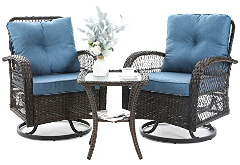 Patio Furniture Set 3 Pieces, Outdoor Swivel Glider Rocker Bistro Set, Blue